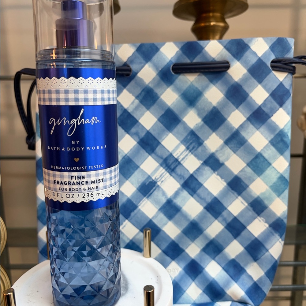 Bath & Body Works Gingham Blue FFM and Matching Drawstring Tote Great Gift NWT